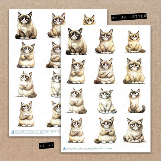A4 and US Letter format comparison showing Grumpy Watercolour Cat fussy cut pages for print and cut crafting