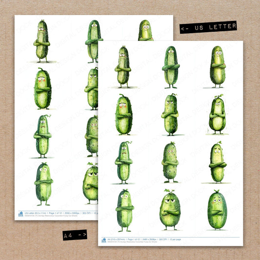 A4 and US Letter format comparison showing Grumpy Watercolour Cucumber fussy cut pages for print and cut crafting