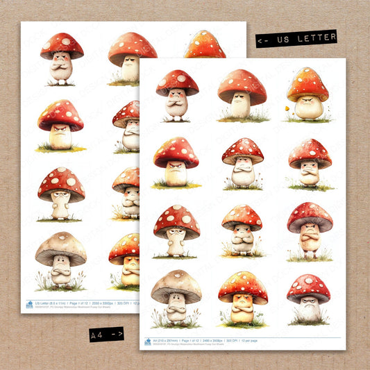 A4 and US Letter format comparison showing Grumpy Watercolour Mushroom fussy cut pages for print and cut crafting