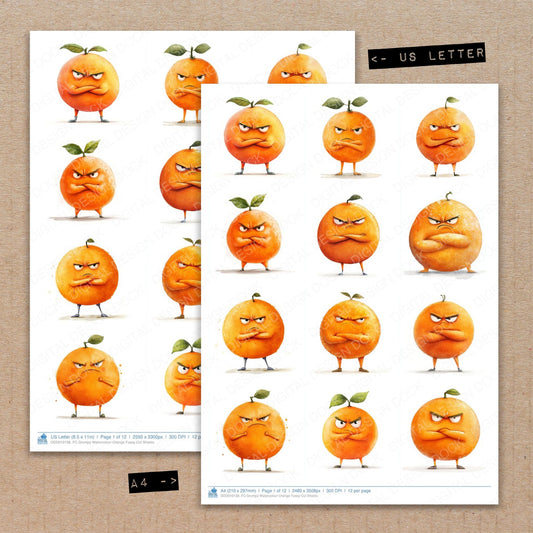 A4 and US Letter format comparison showing Grumpy Watercolour Orange fussy cut pages for print and cut crafting