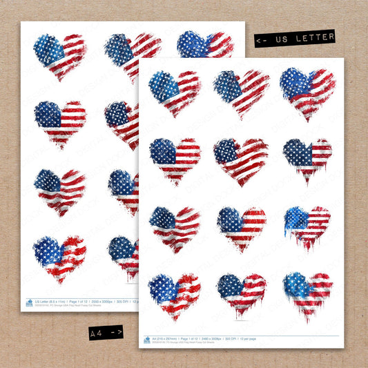 A4 and US Letter format comparison showing Grunge USA Flag Heart fussy cut pages for print and cut crafting