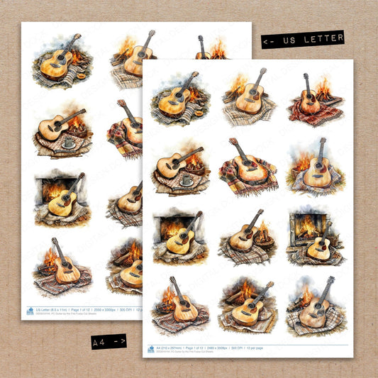 A4 and US Letter format comparison showing Guitar by the Fire fussy cut pages for print and cut crafting