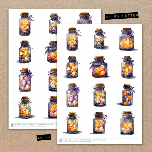 A4 and US Letter format comparison showing Halloween Jar with Ghost Lights fussy cut pages for print and cut crafting