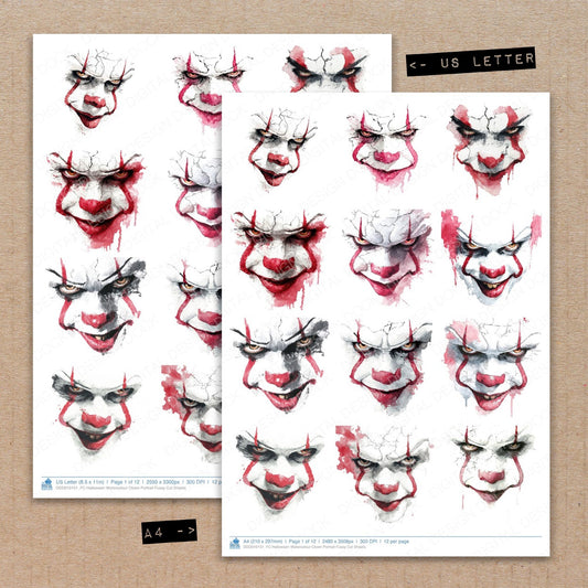 A4 and US Letter format comparison showing Halloween Watercolour Clown Portrait fussy cut pages for print and cut crafting