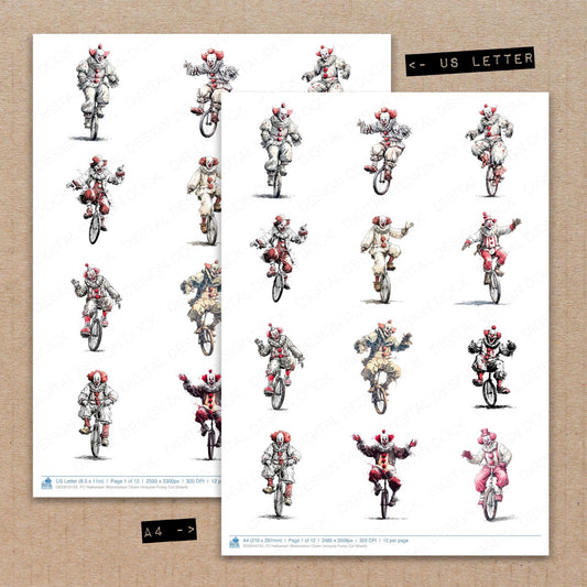 A4 and US Letter format comparison showing Halloween Watercolour Clown Unicycle fussy cut pages for print and cut crafting