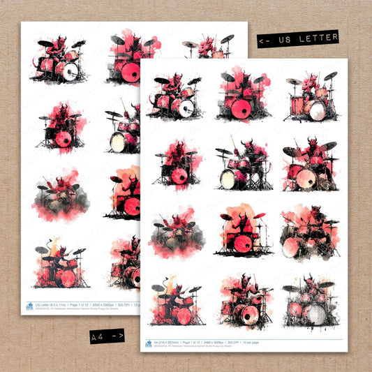 A4 and US Letter format comparison showing Halloween Watercolour Demon Drums fussy cut pages for print and cut crafting