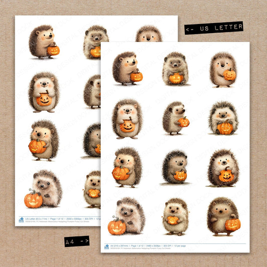Halloween Watercolour Hedgehog Pumpkin Fussy Cut Sheets (DDD010164)