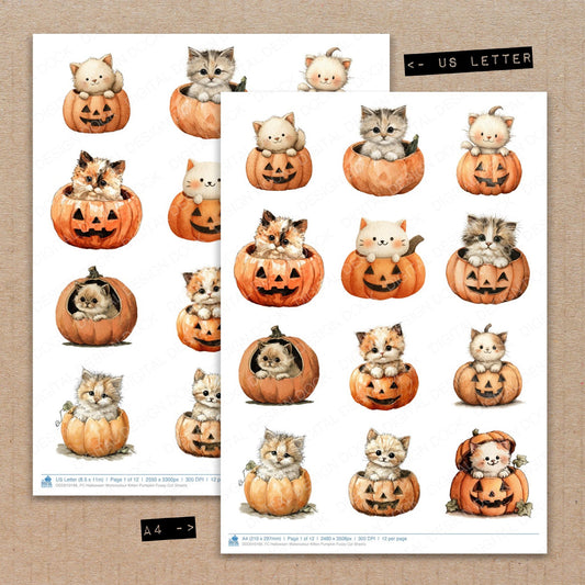 A4 and US Letter format comparison showing Halloween Watercolour Kitten Pumpkin fussy cut pages for print and cut crafting