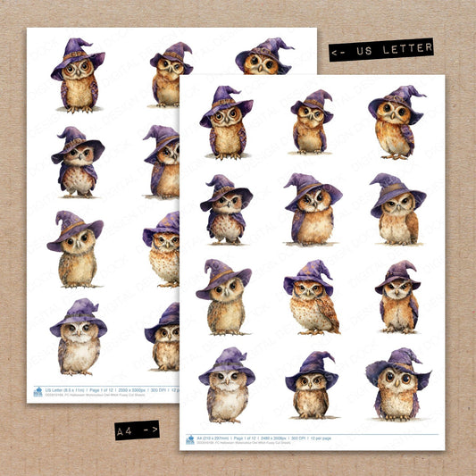 A4 and US Letter format comparison showing Halloween Watercolour Owl Witch fussy cut pages for print and cut crafting