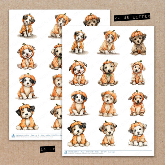 A4 and US Letter format comparison showing Halloween Watercolour Puppy Pumpkin fussy cut pages for print and cut crafting