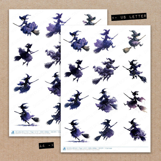 A4 and US Letter format comparison showing Halloween Watercolour Purple Witch fussy cut pages for print and cut crafting