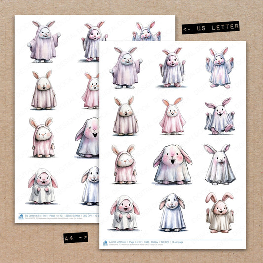 A4 and US Letter format comparison showing Halloween Watercolour Rabbit Ghost fussy cut pages for print and cut crafting