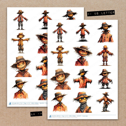 A4 and US Letter format comparison showing Halloween Watercolour Scarecrow fussy cut pages for print and cut crafting