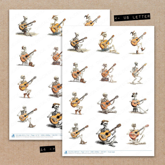 A4 and US Letter format comparison showing Halloween Watercolour Skeleton Guitar fussy cut pages for print and cut crafting