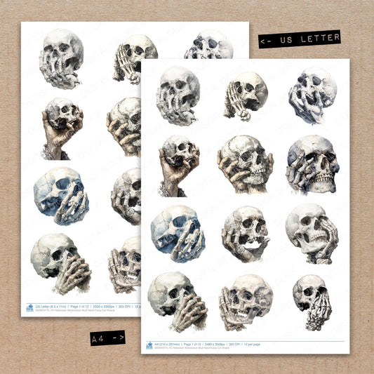A4 and US Letter format comparison showing Halloween Watercolour Skull Hand fussy cut pages for print and cut crafting
