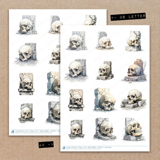 A4 and US Letter format comparison showing Halloween Watercolour Skull Tombstone fussy cut pages for print and cut crafting