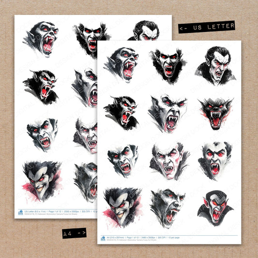 A4 and US Letter format comparison showing Halloween Watercolour Vampire fussy cut pages for print and cut crafting
