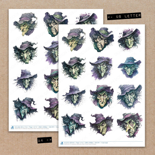 A4 and US Letter format comparison showing Halloween Watercolour Witch Portrait fussy cut pages for print and cut crafting