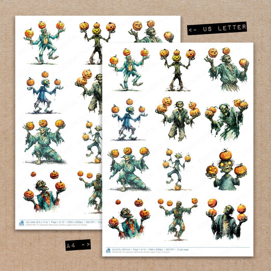 A4 and US Letter format comparison showing Halloween Watercolour Zombie Juggler fussy cut pages for print and cut crafting