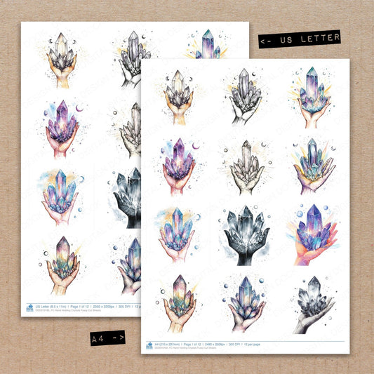 A4 and US Letter format comparison showing Hand Holding Crystals fussy cut pages for print and cut crafting