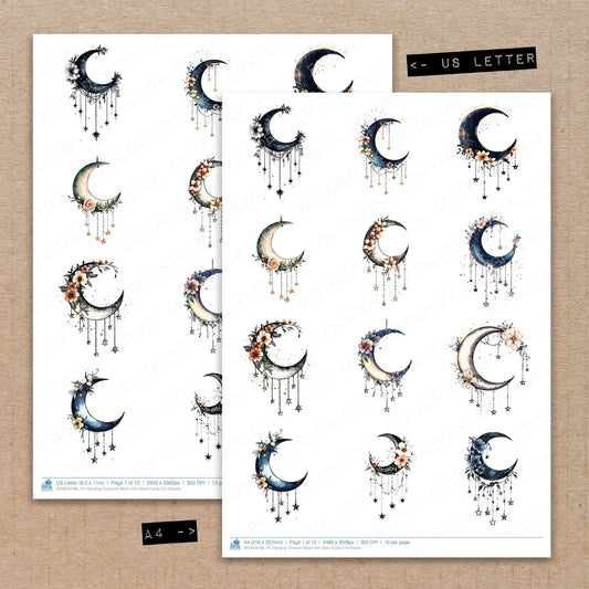 A4 and US Letter format comparison showing Hanging Crescent Moon with Stars fussy cut pages for print and cut crafting