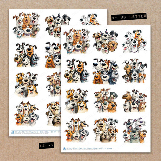 A4 and US Letter format comparison showing Happy Cartoon Dogs Illustration fussy cut pages for print and cut crafting