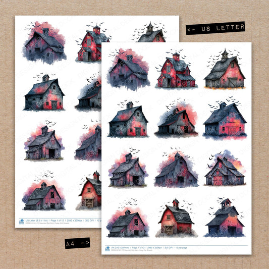 A4 and US Letter format comparison showing Haunted Bat Barn fussy cut pages for print and cut crafting