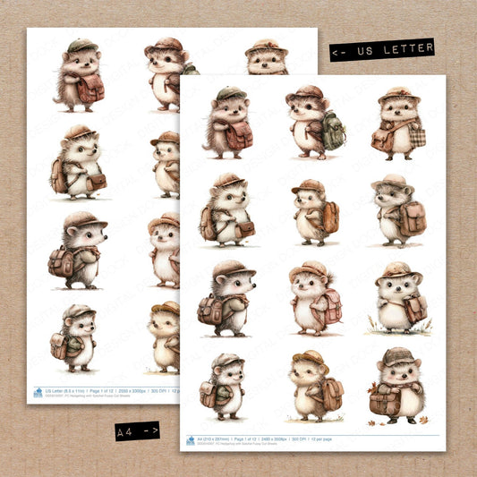 A4 and US Letter format comparison showing Hedgehog with Satchel fussy cut pages for print and cut crafting