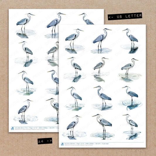 A4 and US Letter format comparison showing Heron with Water Reflection fussy cut pages for print and cut crafting