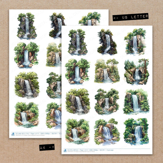 A4 and US Letter format comparison showing Hidden Forest Waterfall fussy cut pages for print and cut crafting