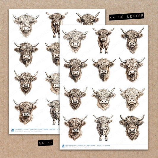 A4 and US Letter format comparison showing Highland Cow Portrait fussy cut pages for print and cut crafting