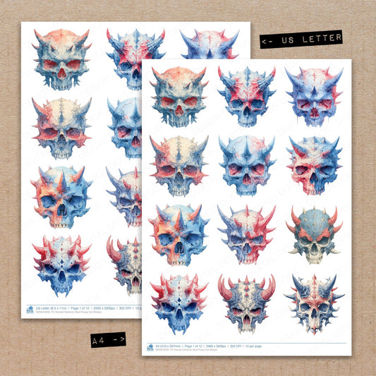 A4 and US Letter format comparison showing Horned Demonic Skull fussy cut pages for print and cut crafting