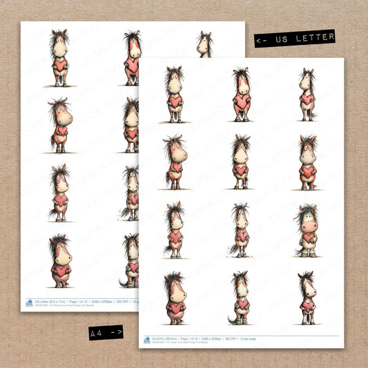 A4 and US Letter format comparison showing Horse Love Heart fussy cut pages for print and cut crafting