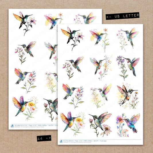 A4 and US Letter format comparison showing Hummingbird and Wildflower fussy cut pages for print and cut crafting