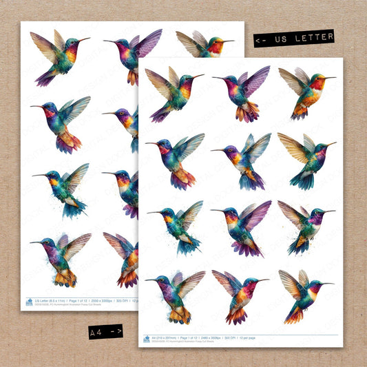 A4 and US Letter format comparison showing Hummingbird Illustration fussy cut pages for print and cut crafting