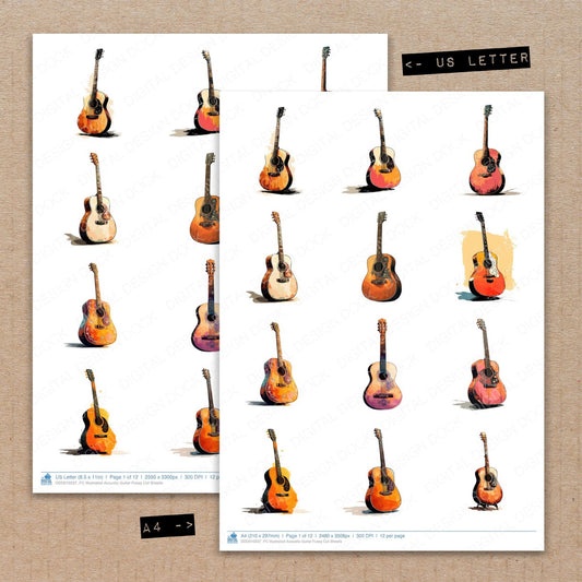 A4 and US Letter format comparison showing Illustrated Acoustic Guitar fussy cut pages for print and cut crafting