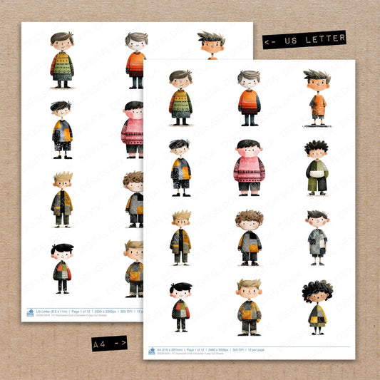 A4 and US Letter format comparison showing Illustrated Child Character fussy cut pages for print and cut crafting