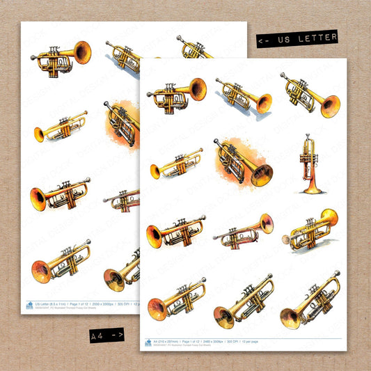 A4 and US Letter format comparison showing Illustrated Trumpet fussy cut pages for print and cut crafting