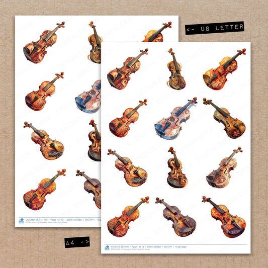 A4 and US Letter format comparison showing Illustrated Violin fussy cut pages for print and cut crafting