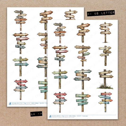 A4 and US Letter format comparison showing Imaginary Places Signpost fussy cut pages for print and cut crafting