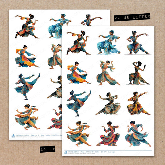 A4 and US Letter format comparison showing Indian Dance Woman fussy cut pages for print and cut crafting