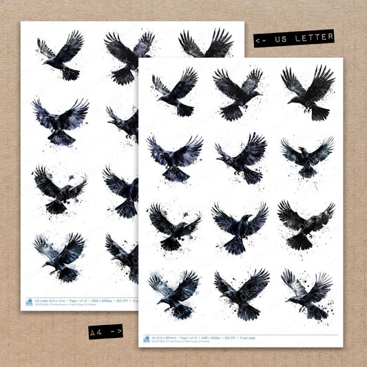 A4 and US Letter format comparison showing Inky Raven in Flight fussy cut pages for print and cut crafting