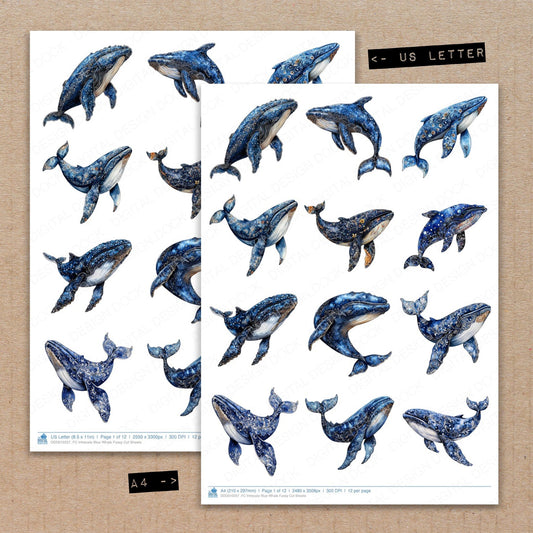 A4 and US Letter format comparison showing Intrecate Blue Whale fussy cut pages for print and cut crafting