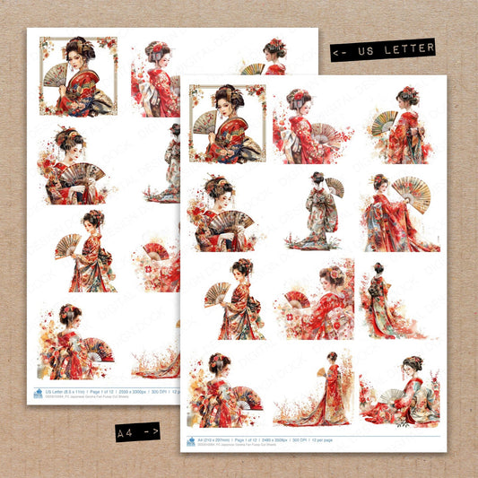 A4 and US Letter format comparison showing Japanese Geisha Fan fussy cut pages for print and cut crafting