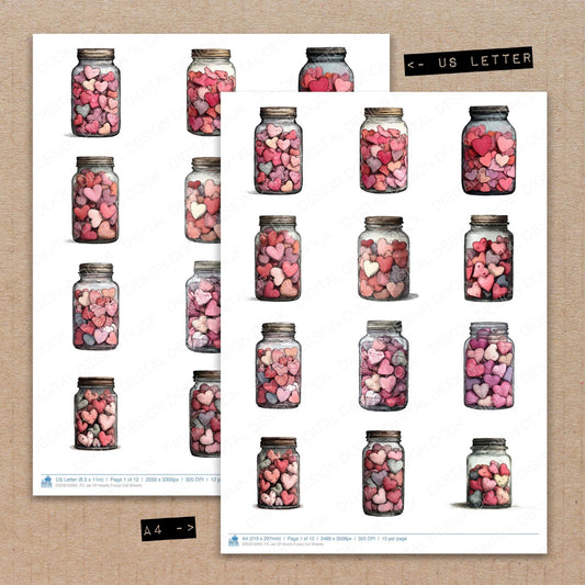 A4 and US Letter format comparison showing Jar Of Hearts fussy cut pages for print and cut crafting