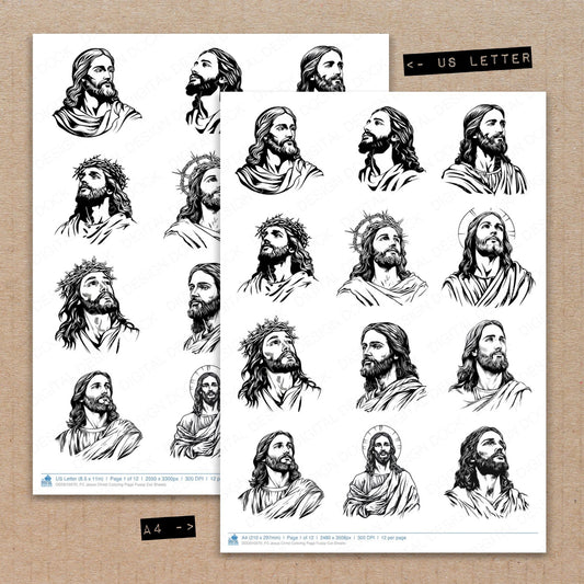 A4 and US Letter format comparison showing Jesus Christ Coloring Page fussy cut pages for print and cut crafting