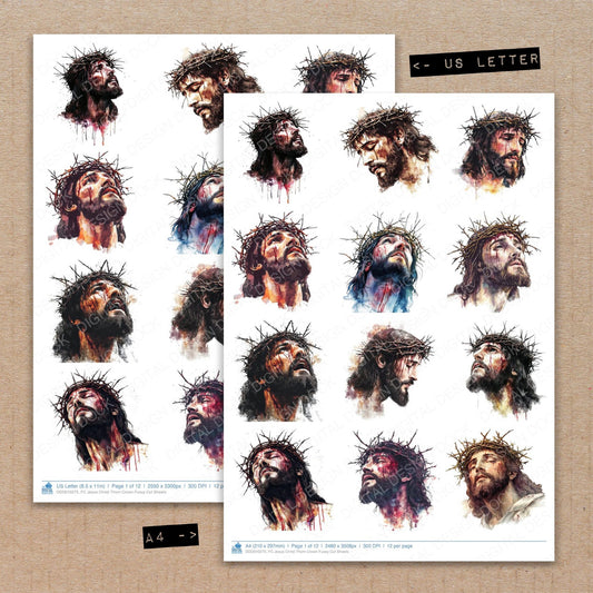 A4 and US Letter format comparison showing Jesus Christ Thorn Crown fussy cut pages for print and cut crafting