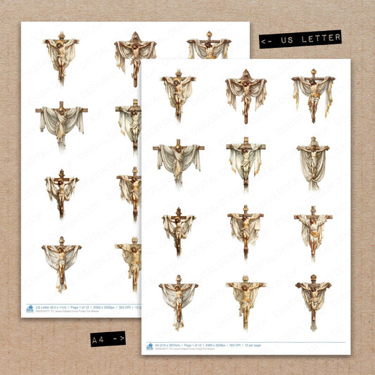 A4 and US Letter format comparison showing Jesus Draped Cross fussy cut pages for print and cut crafting