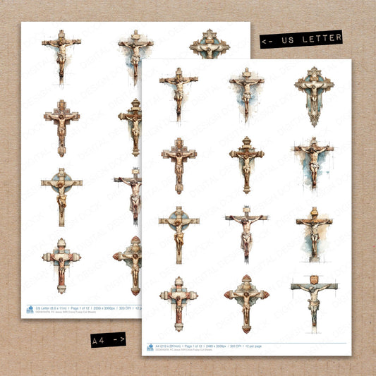 A4 and US Letter format comparison showing Jesus INRI Cross fussy cut pages for print and cut crafting