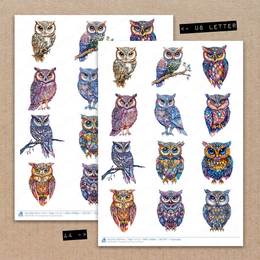 A4 and US Letter format comparison showing Jeweled Owl fussy cut pages for print and cut crafting